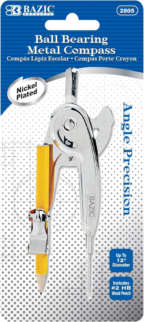 BAZIC Products Geometry Math Compass Set w/Scale-Arm, Nickel Plated Metal Ball &