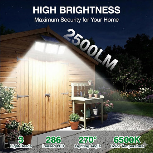 2500LM 286 3 IP65 3-Head (1 Pack) Solar Outdoor Lights Motion Sensor, LED Security Flood Lights with Visual Battery