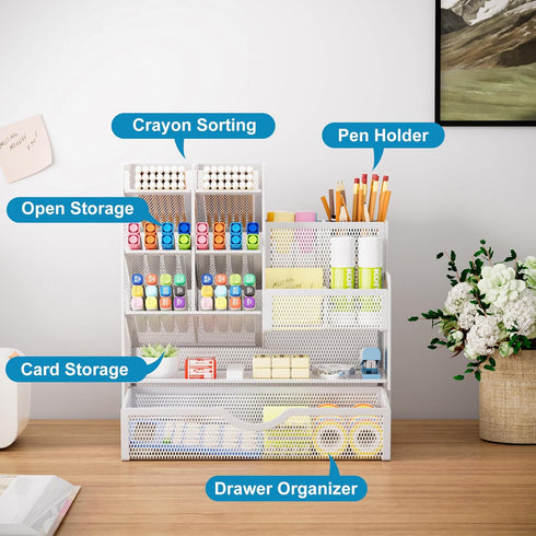 Marbrasse Mesh Pen Holder for Desk, Multi-Functional Organizer with Drawer for Office Art Supplies, White