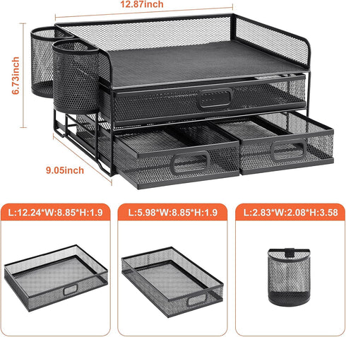 Marbrasse 3 Tier Mesh Desk Organizer - Black Multi-Functional Organizer with Drawer, Paper Letter Organizer & 2 Pen