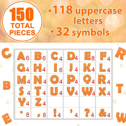 Qyeahkj 150 PCS Large 6" Font Letters and Punctuation Set, Glitter Orange Classroom Cutouts for Bulletin Display