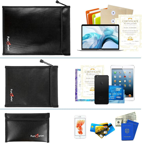 3 Pack Set FunOwlet Fireproof Waterproof Document Bag Fire and Water Resistant Zipper Storage Organizer & Money Safe