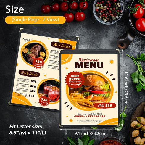 FLK Tech 10 Pack 1 2 8.5 11 Inch FLKQC Page Menu Covers, View x Clear PVC Menu Holder, Double Stitched Restaurant Menu