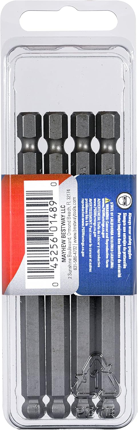 Mayhew Tools 19522-4 USA SAE Ball Hex Power Bit - 1/4 x 3.5", 4-Pack