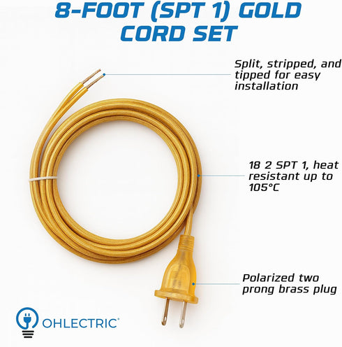 OHLECTRIC Set 8 18/2 SPT-1 Lamp Power Cord with Rotary Switch, Ft AWG Replacement Wire, Stripped & Tinned Ends