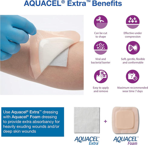 ConvaTec AQUACEL Extra Hydrofiber Absorbant Dressing, 2"x2", for Moderate to Highly Exuding Wounds, 10ct Box