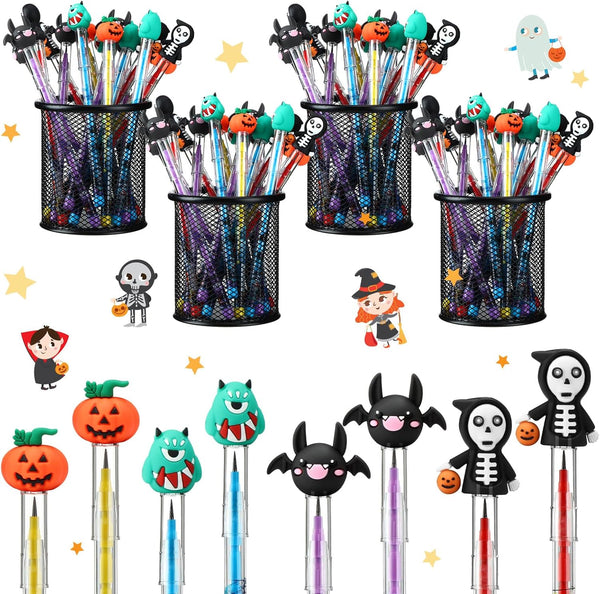 Qilery 96 Pcs Halloween Pencils Bulk with Top Eraser, Stackable Non-Sharpening Push Pencils for Kids Halloween Party
