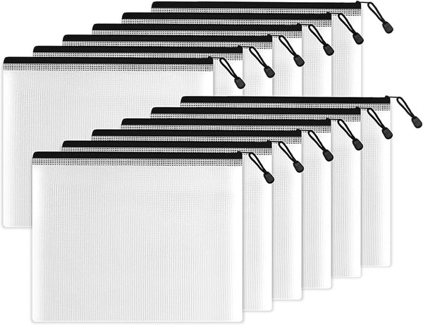 SUNEE Plastic Mesh Zipper Pouch, 9x13 in Black, 12 Packs Extra Large Water-Resistant Zip Bag for Organizing