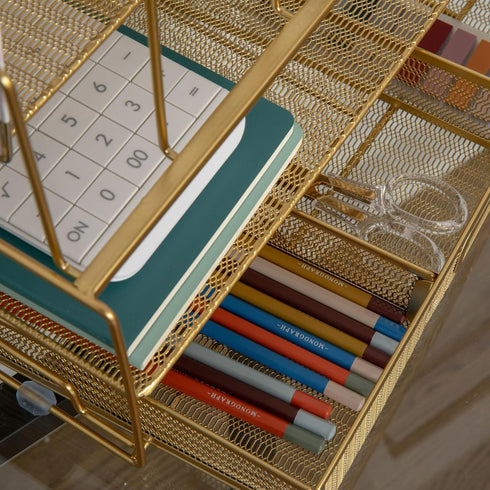 Martha Stewart Ryder Gold Mesh Metal Large Desktop Organizer - Paper File Letter Holder with Drawer