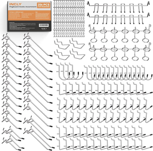 INCLY Pegboard Hooks Set, 206PCS Heavy Duty Peg Hook Hanger & Holder for 1/4 1/8 Inch Pegboard