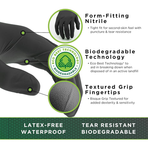 SHOWA 6112PF Biodegradable Nitrile Powder-Free Disposable Safety Glove, Food Safe, 4 mil Thick, Large (100 Gloves) Black