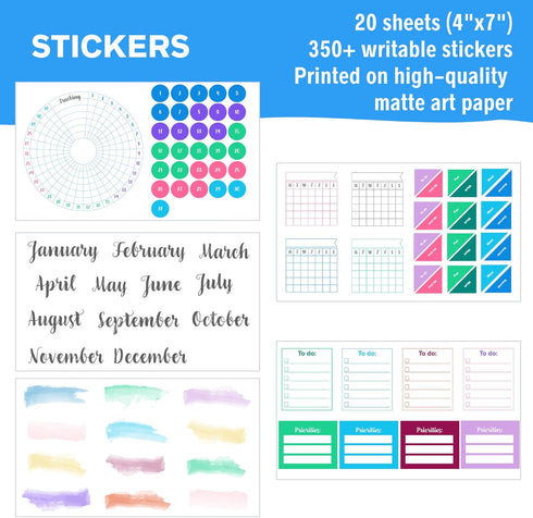 Ultimate Productivity Stencils & Stickers by Sunny Streak - x20 Sheets Planner Stickers, x6 Stencils, Goals