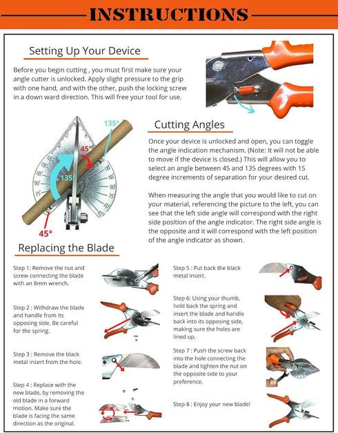 Multi Angle Miter Cutter | Hand Scissors Multipurpose Tool | + Spare Blade | 45-135 Degree Cutting | Stainless Steel,