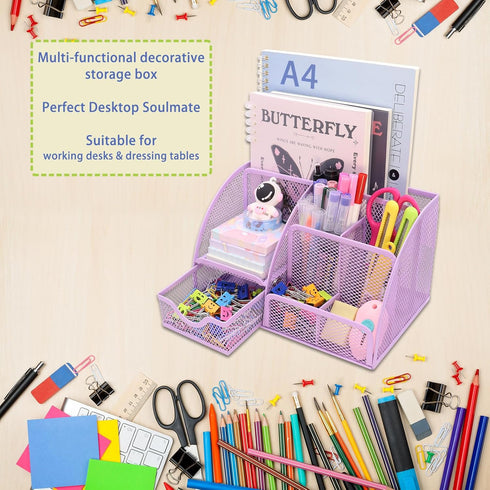 Mesh Desk Organizer with 6 Compartments and 1 Drawer, Multi-Functional Caddy for Home Office Decor
