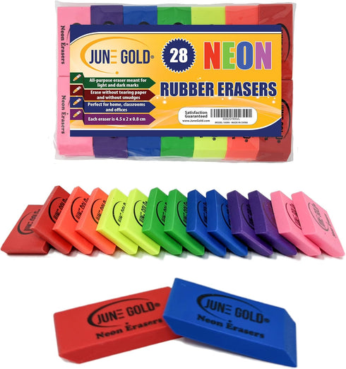 June Gold 28 Neon Colored Rubber Erasers, All-Purpose for Classrooms, Homes & Offices