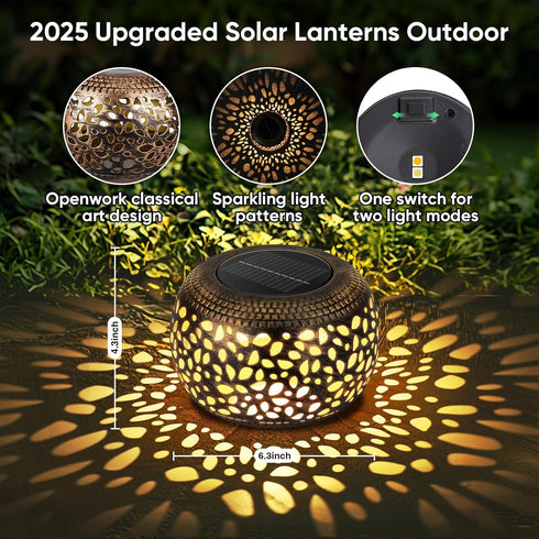 2 Pack 2 Solar Lanterns Waterproof Outdoor Decor: Hollow Out Retro Metal Solar Lights - Unique Gardening Gifts