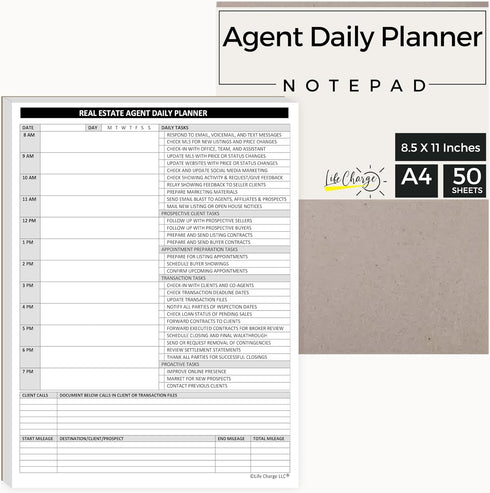 Real Estate Agent Supplies - Daily Planner Task List Notepad. Simple one page document with calendar, task lists, call and mileage log. Keep organized & focused on selling real estate. 8.5 X 11 by Life Charge