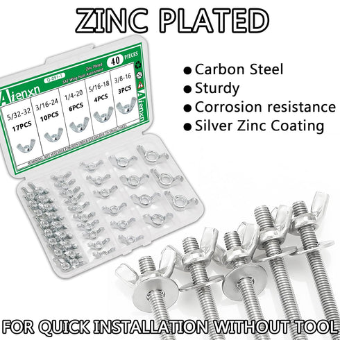 Aienxn 40PCS 5 5/32", 3/16", 1/4", 5/16", 3/8", SAE Wing Nuts Assortment Kit, Sizes- Zinc Plated Wingnuts Fasteners