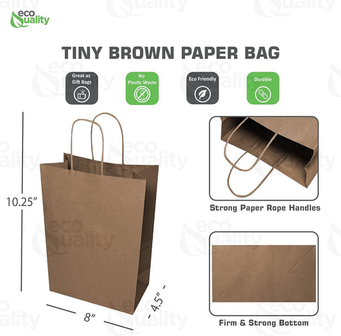 8 4.5 10.25 inches 50pcs EcoQuality - x x - - Small Brown Kraft Paper Bags with Handles, Shopping, Gift Bags, Party