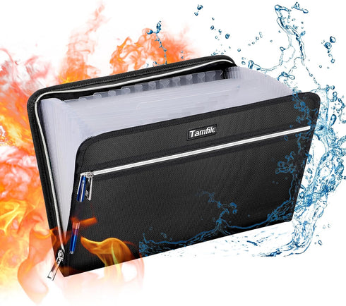 Tamfile Fireproof Waterproof Expanding File Folder, 24 Pockets, Portable Document Organizer, A4 Letter Size, Black