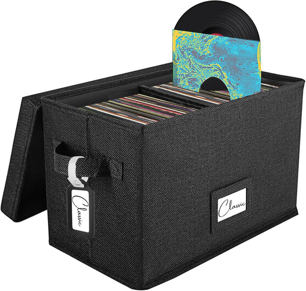 Vinyl Record Storage Box for 7"/45 RPM LPs, Black Case Holds up to 80 Albums, Collapsible File Folder Organizer