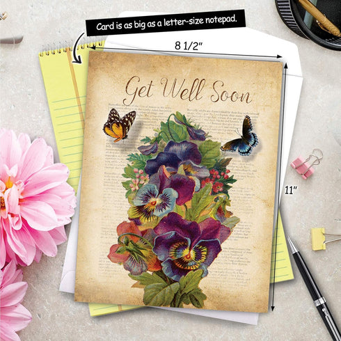 The Best Card Company Big Floral Get Well Soon Card, 8.5 x 11 Inch, Flowers, Feel Better Greeting, Fluttering Words
