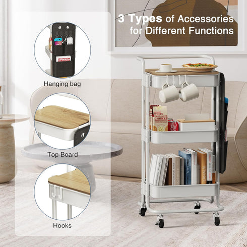 DTK 3 Tier Metal Utility Rolling Cart with Table Top and Side Bags, Storage Organizer with Wheels (White)