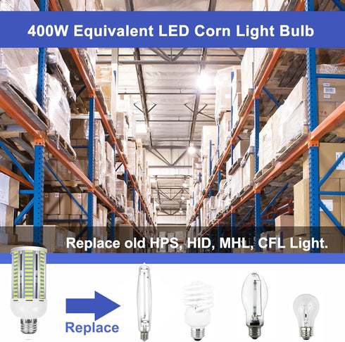 2 Pack 400W Equivalent LED Corn Light Bulb, 6000 Lumen 6000K Daylight, E26/E27 Medium Base for Indoor Garage Warehouse