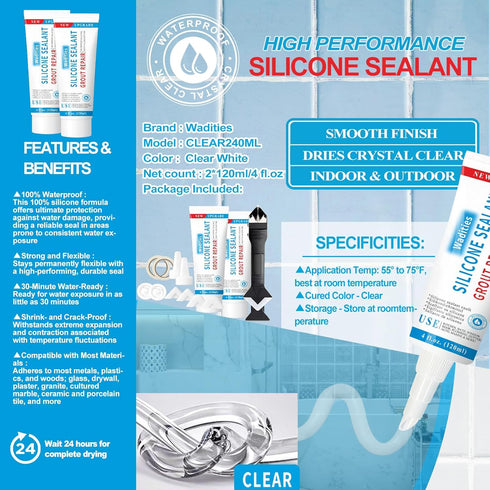 8Oz Clear Waterproof Caulk & Seal Silicone Sealant, Wadities Tile Grout Repair Kit, Pack of 2