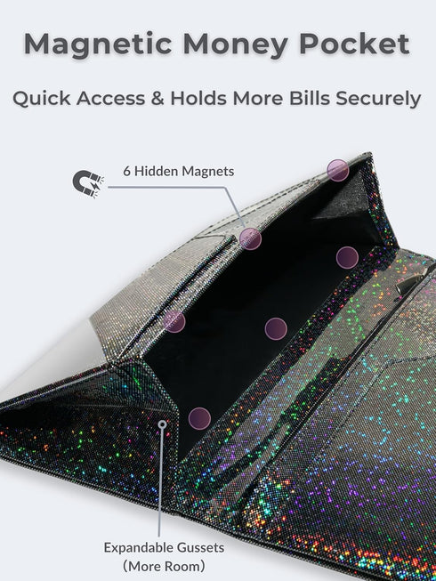 Mymazn Holographic Glitter Server Book for Waitress - Magnetic Cash Pocket & Zipper Pouch - Guest Check & Money