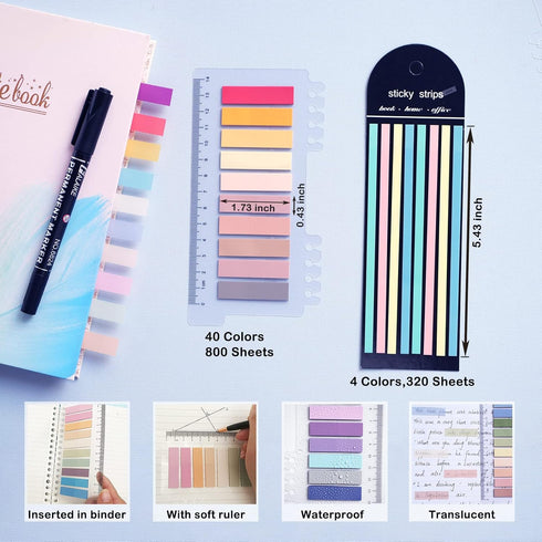 WSCHU 1120Pcs Sticky Tabs for Annotating Books, Writable Morandi Translucent Sticky Note Tabs, Repositionable Book