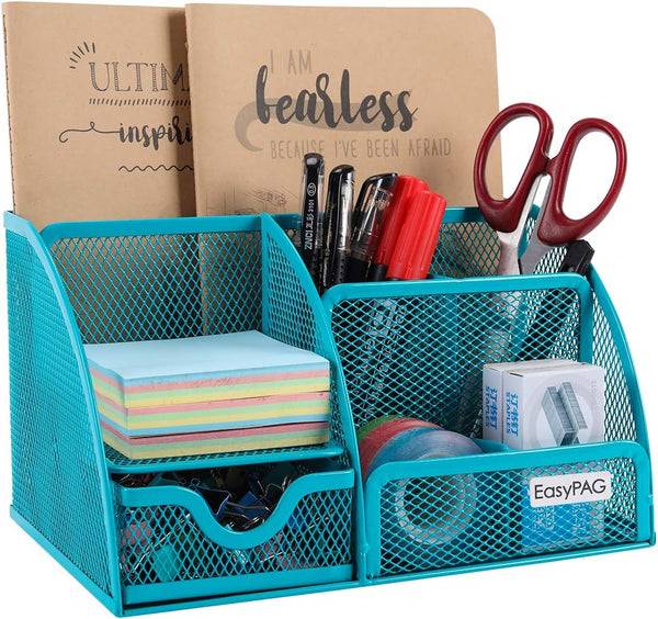 EasyPAG Desk Organizer, Blue - Mesh Desktop Caddy with 6 Compartments and 1 Drawer for Office, Home, School