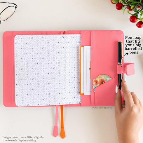 NEORAH B6 Notebook Sleeve with Loop + Dotgrid Journal, Faux Leather Sleeve with Penloop, 6 Card Slots, PINK
