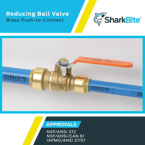 SharkBite 3/4 Inch x 1/2 Inch Ball Valve, Push to Connect Brass Plumbing Fitting for Water Shut Off
