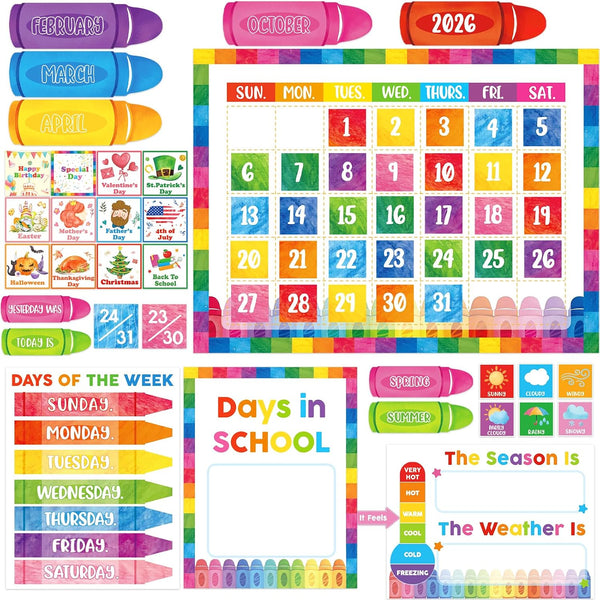Whaline Colorful Crayon Calendar Bulletin Board Decorations Watercolor Crayon Classroom Calendar Set