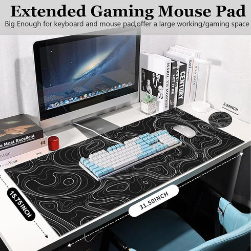 Gaming Mouse Pad XXL Extended Topographic Counter Mouse Pad 31.5x15.7inch,Large Abstract Big Computer Mouse Mat Desk Pad with Non-Slip Rubber Base and Stitched Edge for Home Office-Black by Uniqcasa
