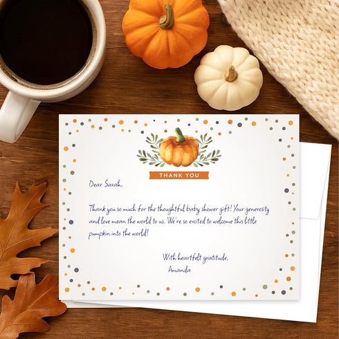 Koko Paper Co. Fall Pumpkin Thank You Cards – 25 Flat Note Cards with Envelopes for Baby Shower, Thanksgiving & More