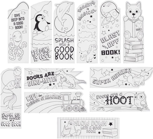 Juvale 24-Pack DIY Bookmarks for Kids & Students - Color Your Own Bookmark Kit with Book Worm Designs for Reading,