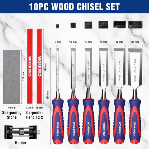 10-Piece Set (1/4", 1/2", 3/4", 1", 1-1/4", 1-1/2") WORKPRO Wood Chisel for Woodworking, Cr-V Bevel Edge Chisels