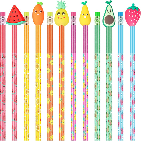 Leinuosen 30 Pieces Scented Pencils with 12 Eraser Cartoon Toppers, Fruit Element Graphite Pencils