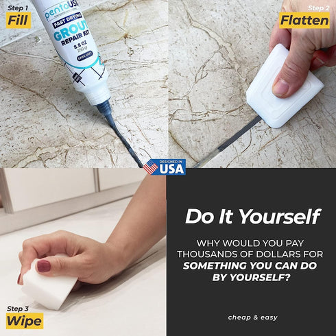 PentaUSA Tile Grout Repair Kit - Dark Grey Grout Filler, Triple Protection, Fast Drying Formula Restores and Renews Grout Lines with Grout Float (Dark Grey, 8.8oz / 250gr)