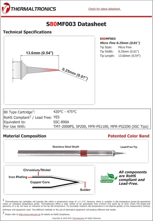 Thermaltronics S80MF003 Micro Fine 0.25mm (0.01in) Interchangeable for Metcal SSC-890A