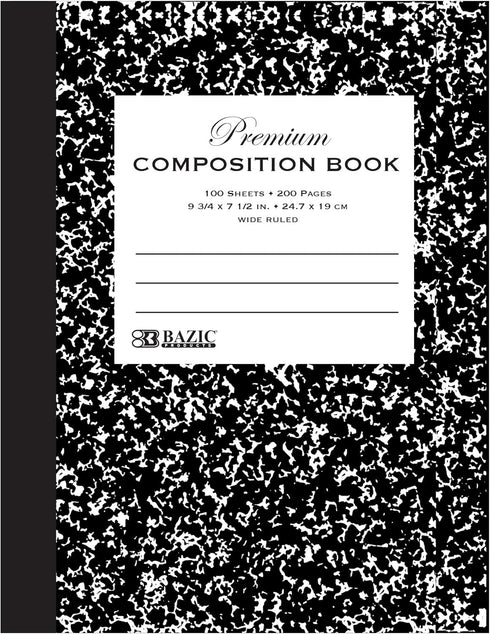 BAZIC Composition Book, Wide Ruled 100 Sheet, Premium Black Marble Notebook for Office School