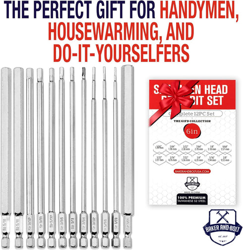 12-Piece 6" Set S2 1/4" Set Baker and Bolt Long Hex Head Allen Wrench Drill Bit Impact Ready, Steel, SAE, Hex Bit