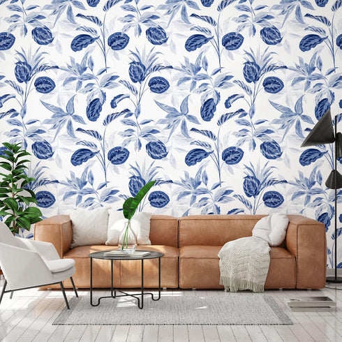 Palm Tree Leaf Navy Blue and White Floral Wallpaper, Peel and Stick Tropical Wallpaper, Removable for Bathroom