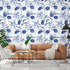 Palm Tree Leaf Navy Blue and White Floral Wallpaper, Peel and Stick Tropical Wallpaper, Removable for Bathroom