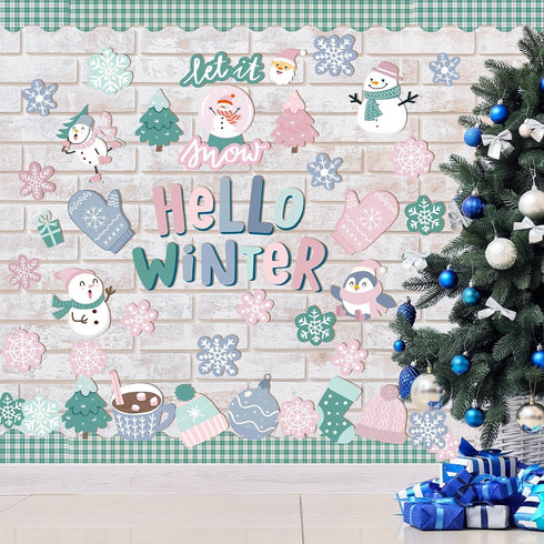 Pasimy Winter Bulletin Board Decorations, Hello Winter Cutouts Set for Christmas Holiday Party Decor