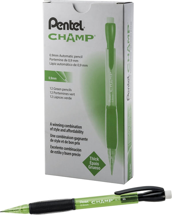 Pentel CHAMP Mechanical Pencil, Box of 12, (0.9mm), Tinted Lime Green Barrel (AL19K)