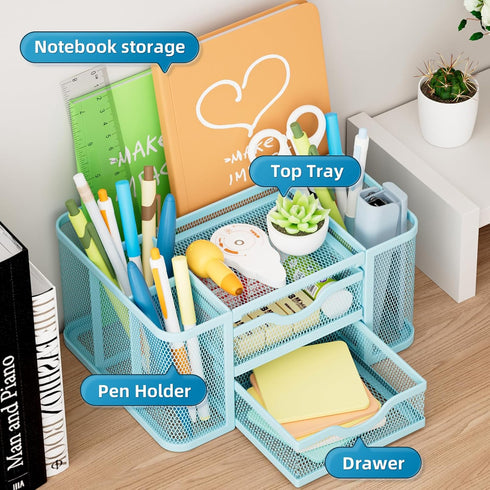 Marbrasse Mesh Desk Organizer, Pen Organizer with 2 Drawer, Multi-Functional Pencil Holder for Desk, Desk Organizers and Accessories with 5 Compartments + Drawer for Office Art Supplies (Blue) by Marbrasse