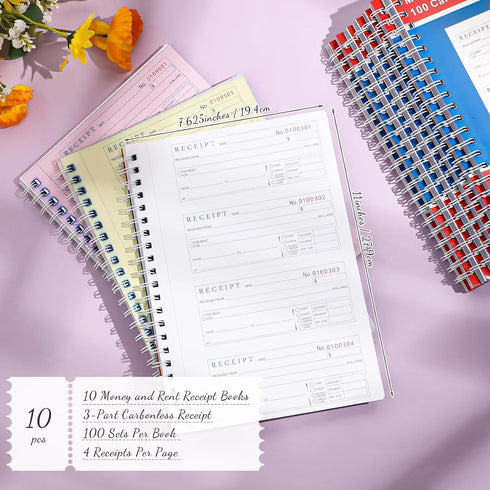 Crtiin 10 3 100 Sets 4 (7-5/8" 10-7/8") Pcs Part Spiral Carbonless Money and Rent Receipt Book with Carbonless Copies